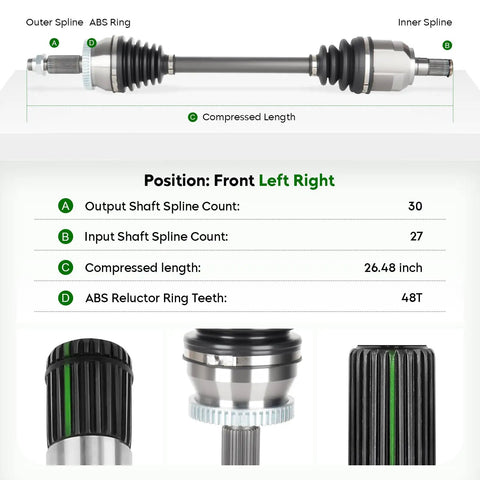 Heavy Duty Built Tough Front Left Driver Side Cv Axle Shaft Assembly Fits Hyundai Sonata 2.4L 2015 2019 And Kia Optima 2.4L 2016 2020 Gas Models Only detailed view with outer spline and inner spline measurements.