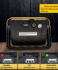 Back view of Rechargeable 40W LED Work Light With Tripod Hole showing charging indicators and USB port.