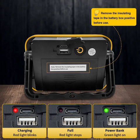 Back view of Rechargeable 40W LED Work Light With Tripod Hole showing charging indicators and USB port.
