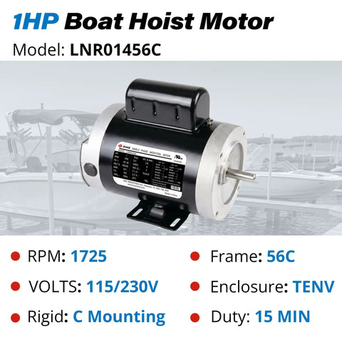 Heavy Duty One Horsepower Boat Lift Motor With 56C C Face Rigid Base Dual Voltage Dock Hoist Winch Replacement close-up view.