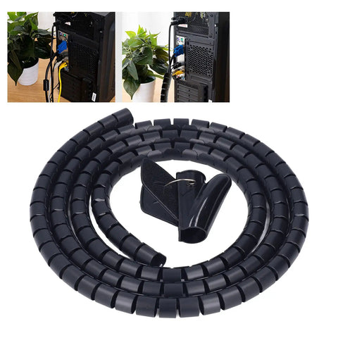 Spiral Cable Wrap For Home Office And Entertainment Centers With Clamp shown in black, coiled with wire sleeve and clamp attachment.