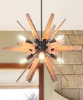 Six Light Sputnik Pendant Light In Black With Wood Accents Dope Rustic Modern Chandelier in dining room setting