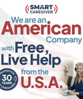 "We are an American company with free, live help from the U.S.A. Trusted for 30 years by caregivers" text with woman in headset.