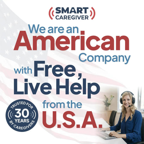 "We are an American company with free, live help from the U.S.A. Trusted for 30 years by caregivers" text with woman in headset.