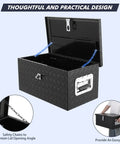 Heavy Duty 20 Inch Aluminum Diamond Plate Truck Bed Tool Box With Side Handle And Lock Keys Tank Tough Workhorse Storage Chest For Pickup Rv Trailer Gear Organizer with opened lid and safety chains.