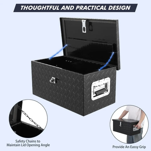Heavy Duty 20 Inch Aluminum Diamond Plate Truck Bed Tool Box With Side Handle And Lock Keys Tank Tough Workhorse Storage Chest For Pickup Rv Trailer Gear Organizer with opened lid and safety chains.