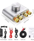 F900S 80W X 2 Bluetooth 5.0 Mini Amplifier For Home Audio Hi Fi Stereo Digital Amp With AUX USB BT Inputs And 12V 5A Power Adapter Included Silver Finish Tiny But Mighty Sound.
