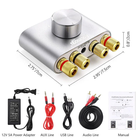 F900S 80W X 2 Bluetooth 5.0 Mini Amplifier For Home Audio Hi Fi Stereo Digital Amp With AUX USB BT Inputs And 12V 5A Power Adapter Included Silver Finish Tiny But Mighty Sound.