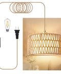 Level Up Your Chill Zone With This Hand Woven Rattan Plug In Pendant Light Farmhouse Hanging Lamp showing hemp rope cord and bulb.