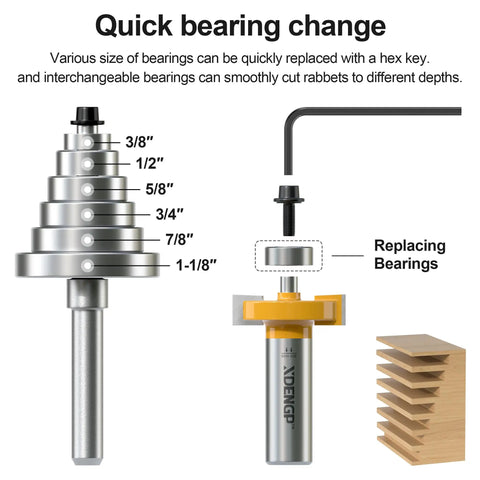 Pro Level Rabbet Router Bit With A Beefy One Half Inch Shank And Six Quick Swap Bearings for quick bearing change demonstration.