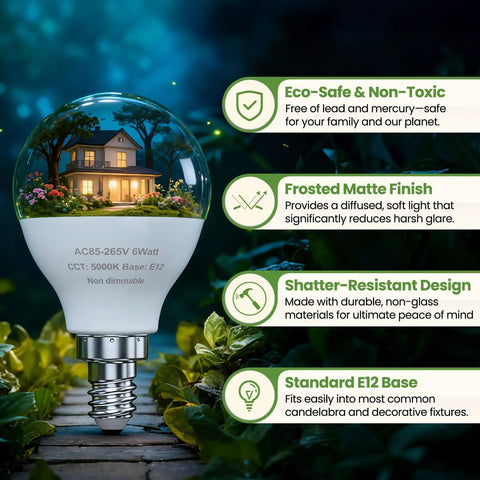 6 Pack Bright Ceiling Fan Light Bulbs 60W Equivalent LED E12 A15 Candelabra Base Non Dimmable Daylight 5000K, eco-friendly features