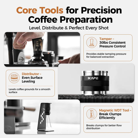 Solid Gold 58 Mm Espresso Toolkit Designed For Home Baristas Featuring Killer Precision Tamper and Distributor for perfect shots.