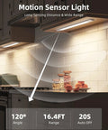 Space Gray Under Cabinet Lights With Detachable 2200mAh Battery, 76 LED Dimmable, displayed in kitchen with motion sensor range.