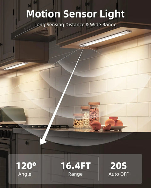 Space Gray Under Cabinet Lights With Detachable 2200mAh Battery, 76 LED Dimmable, displayed in kitchen with motion sensor range.
