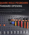 Rock Solid Cold Rolled Steel Tool Storage Cabinet And Heavy Duty Workbench Featuring Rust Proof Finish For Hella Durable Hardware And Measuring Tools Organization In Your Top Shelf Garage Workspace with square hole pegboard displaying various tools.