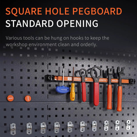 Rock Solid Cold Rolled Steel Tool Storage Cabinet And Heavy Duty Workbench Featuring Rust Proof Finish For Hella Durable Hardware And Measuring Tools Organization In Your Top Shelf Garage Workspace with square hole pegboard displaying various tools.