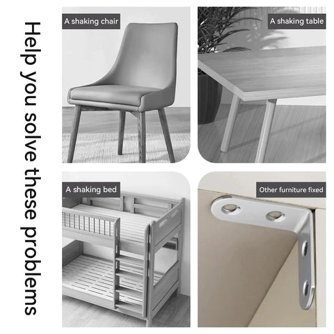 Rock Solid 304 Stainless Steel Corner Braces securing a shaking chair and table, showcasing corner plates in use for stability.