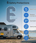 RV with 30A Solar Charge Controller, highlighting 6 safety protections for PWM negative ground regulator system.