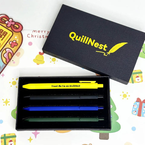 Funny Architect Pen Set Of 4 Engraved Ballpoint Pens For Men Architecture Gifts For Architects And Students Engineers Graduation And Retirement Presents Featuring Trust Me Im An Architect And Architects Always Have Plans in black box with yellow text.