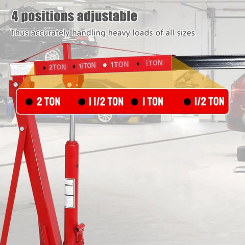 Rock Solid Folding Engine Crane 2 Ton 4400 Pound Capacity With Built In Leveling Tool And 4 Adjustable Load Arms showing adjustable positions for loads.