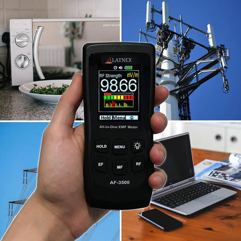 Hand holding EMF Meter And RF Detector With Calibration Certificate For Home And Office Use Detects High And Low EMF from towers