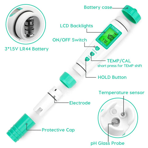 Digital pH Meter With Extra Probe detailing components, battery, LCD backlights, temperature sensor, and electrode features.