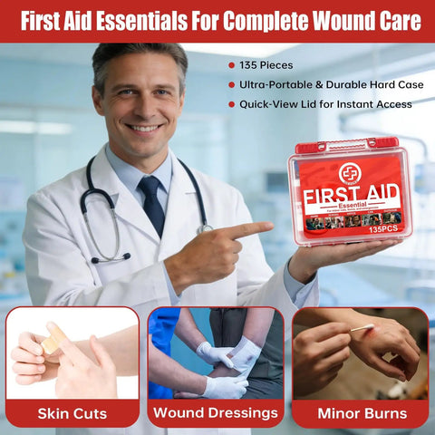 Doctor holding 135 Piece Hard Case First Aid Kit For Home Car Travel Camping Hiking Truck Sports Office And Outdoor Emergencies On The Go