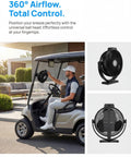 Person attaching 8 Inch Magnetic Golf Cart Fan With Heavy Duty Strap And 12000mAh Battery, Dual Magnet Mount, Bright LED Lighting to cart.