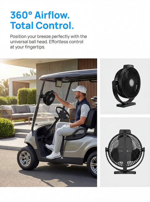 Keep Your Cart Fresh With This Rock Solid Two Pack Eight Inch Magnetic Golf Cart Fan Featuring A Heavy Duty Strap Bright Lighting And Epic 12000 Mah Battery, mounted on a golf cart with adjustable airflow.