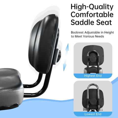 Plush Oversized Comfort Bike Seat With Backrest For Cushioned Rides, Ergonomic Saddle With Supportive Back, Ideal For Long Days In The Saddle, Reducing Pressure And Vibration On Bumpy Roads. Black bike seat with adjustable backrest, side view