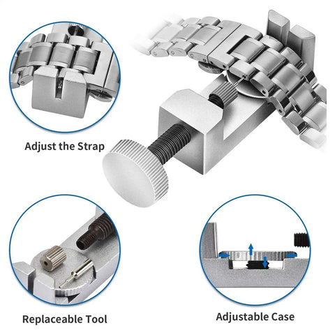 6-Piece Watch Band Link Remover Tool Kit With Spring Bar Tool And Replacement Pins showing adjustable strap tools