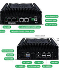 Rock Solid Firewall Mini PC With Intel N150 Processor And Four Kickass Network Ports, showing dual display ports and multiple network connections.