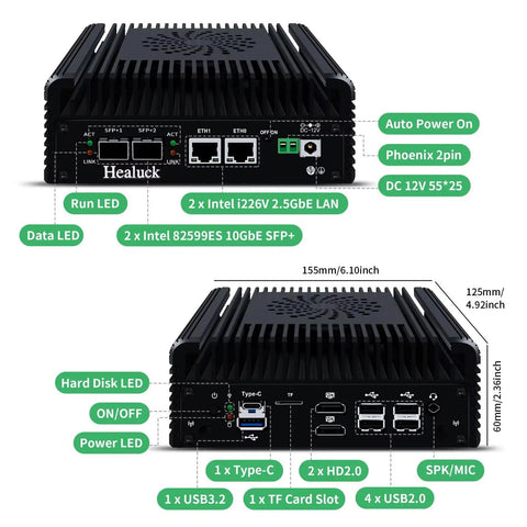 Rock Solid Firewall Mini PC With Intel N150 Processor And Four Kickass Network Ports, showing dual display ports and multiple network connections.