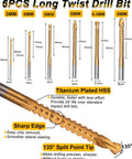 6 piece long twist drill bit set, 3mm to 8mm sizes, titanium plated, with sharp edge and 135° split point tip for precision drilling.