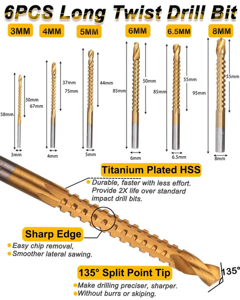 6 piece long twist drill bit set, 3mm to 8mm sizes, titanium plated, with sharp edge and 135° split point tip for precision drilling.