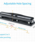 Compact Handheld 3 Hole Puncher With Metal Body, Adjustable 3 Or 4 Hole Spacing And 7mm Aperture, 10 Sheets Capacity, Black