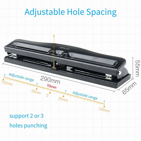 Compact Handheld 3 Hole Puncher With Metal Body, Adjustable 3 Or 4 Hole Spacing And 7mm Aperture, 10 Sheets Capacity, Black