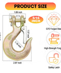 5/16 Inch Clevis Slip Hook With Safety Latch Four Pack Beefed Up Heavy Duty Chain Hooks For Trailer Safety Chain Forged Steel G70 Clevis Hook For Trailer Winch Tow 14,000 Lbs Capacity, dimensions labeled