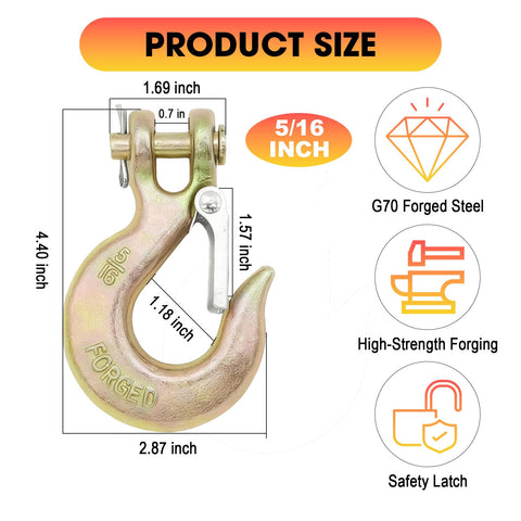 5/16 Inch Clevis Slip Hook With Safety Latch Four Pack Beefed Up Heavy Duty Chain Hooks For Trailer Safety Chain Forged Steel G70 Clevis Hook For Trailer Winch Tow 14,000 Lbs Capacity, dimensions labeled