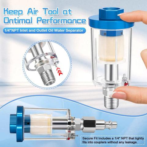 Air Compressor Oil Water Separator Filter With 1/4 Inch NPT Inlet And Outlet For Spray Guns And Airbrushes in blue housing