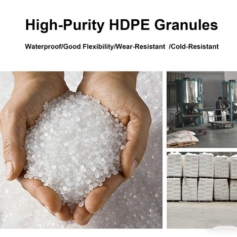 Hands holding HDPE granules used in durable lightweight plastic pallet for indoor and outdoor storage in warehouses.