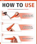 Instructions for using Heavy Duty 56 Piece Hydraulic Oil Service Plugs Set In Orange showing cutting, inserting, and removing plug.