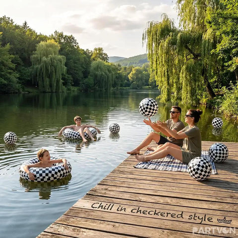 Checkered Race Car Inflatable Pool Toy Set, Includes 2 Oversized 22.8 Inch Swim Rings And 6 Large 16 Inch Beach Balls by a lake