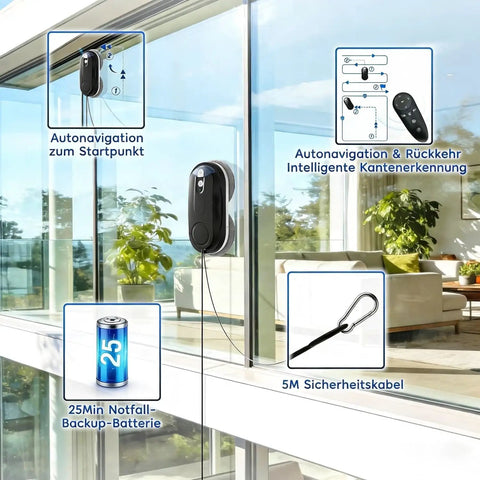 Window Cleaning Robot No Sweat With Dual Spray 3200 Pa Suction AI Path Planning And Edge Detection Remote Control for High Rise Windows Model X3 in use on residential glass.