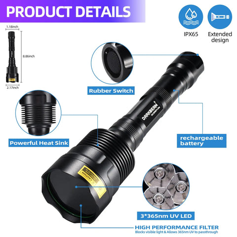 365nm Blacklight Flashlight With 36W Rechargeable Power, Portable Handheld UV Lamp, product details highlighting materials and features