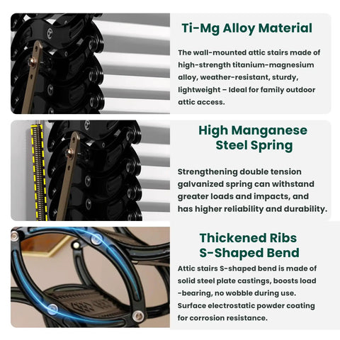12 Step Retractable Attic Stairs With Armrests, Wall Mounted Loft Ladder, Aluminum Attic Ladder, Pull Down Design With Pull Rod, Built Tough But Lightweight, 900 Lb Capacity, Easy Access For Handy Home Upgrades. close-up of Ti-Mg alloy hinge and spring