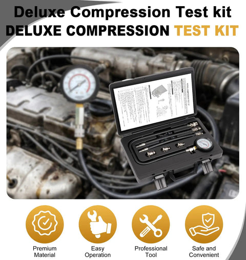 Pro Grade Deluxe Compression Test Kit For Gasoline Engines With Dual Scale Gauge 14mm Flex Sockets in use on engine