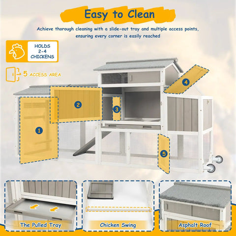 Diagram of Wooden Chicken Coop On Wheels For Easy Backyard Mobility showing pull-out tray and access points