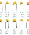 500 Piece Ceramic Capacitor Kit With 10 Value Assortment From 0.1uF To 10uF, 50V, Tolerance 10 Percent, yellow capacitors display