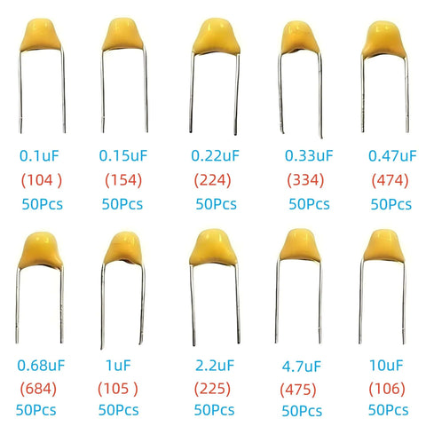 500 Piece Ceramic Capacitor Kit With 10 Value Assortment From 0.1uF To 10uF, 50V, Tolerance 10 Percent, yellow capacitors display